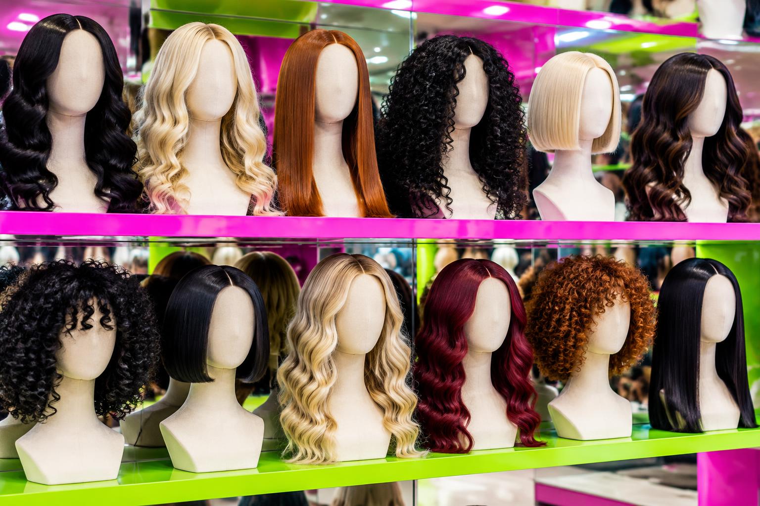 A shop wall of wigs on mannequin heads in several styles and colors